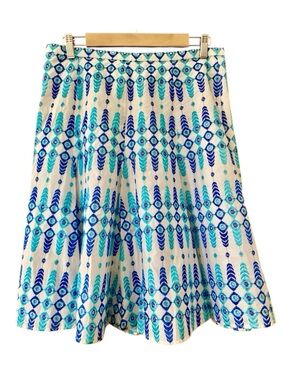 WD.NY Blue White Embroidered A-Line Midi Skirt Sequin Boho Resort Size M